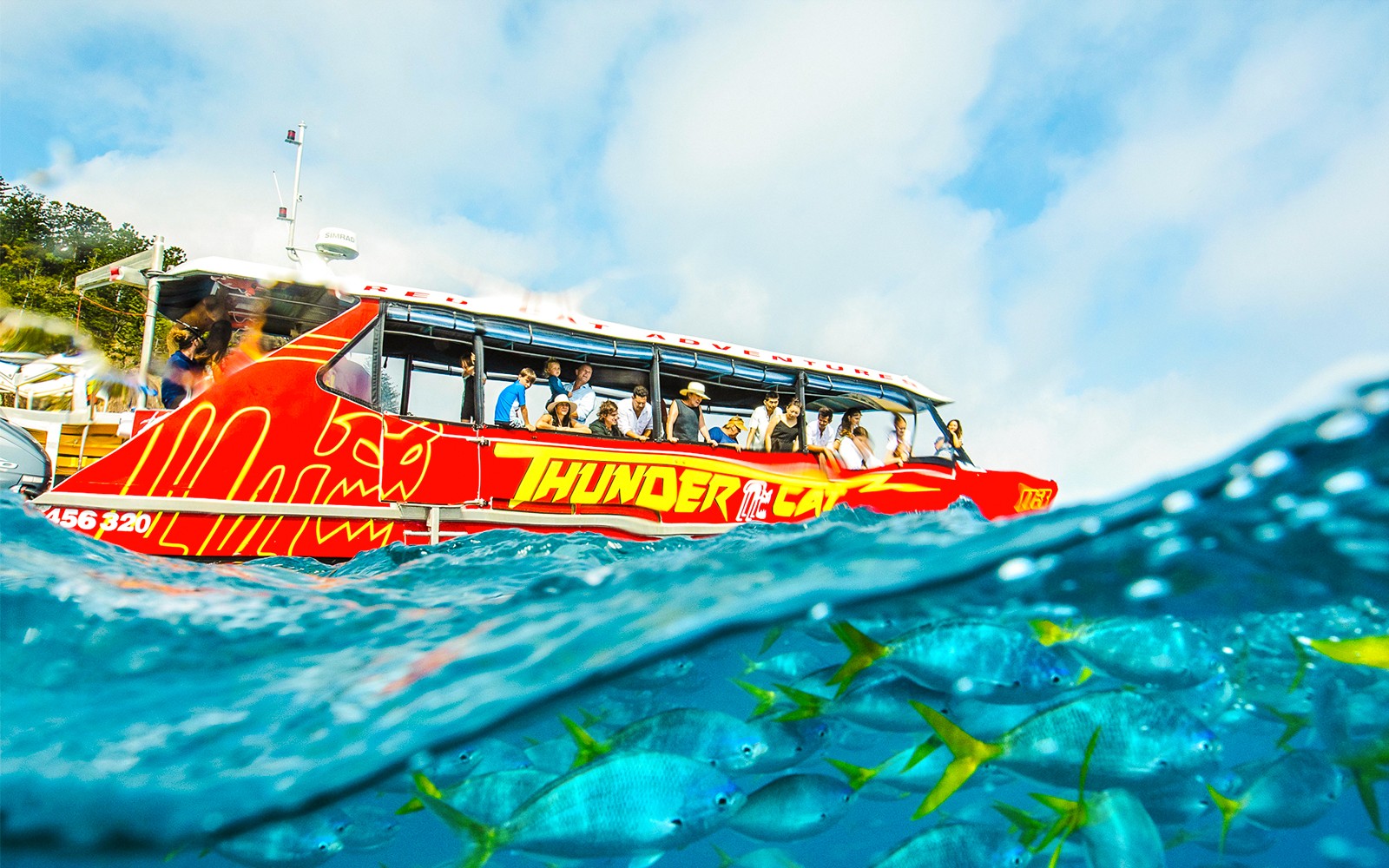 סירת ת'נדרקא טור על ידי המטיילים באיי וויטסנדאיס, דגים תוססים נראים מתחת למים.