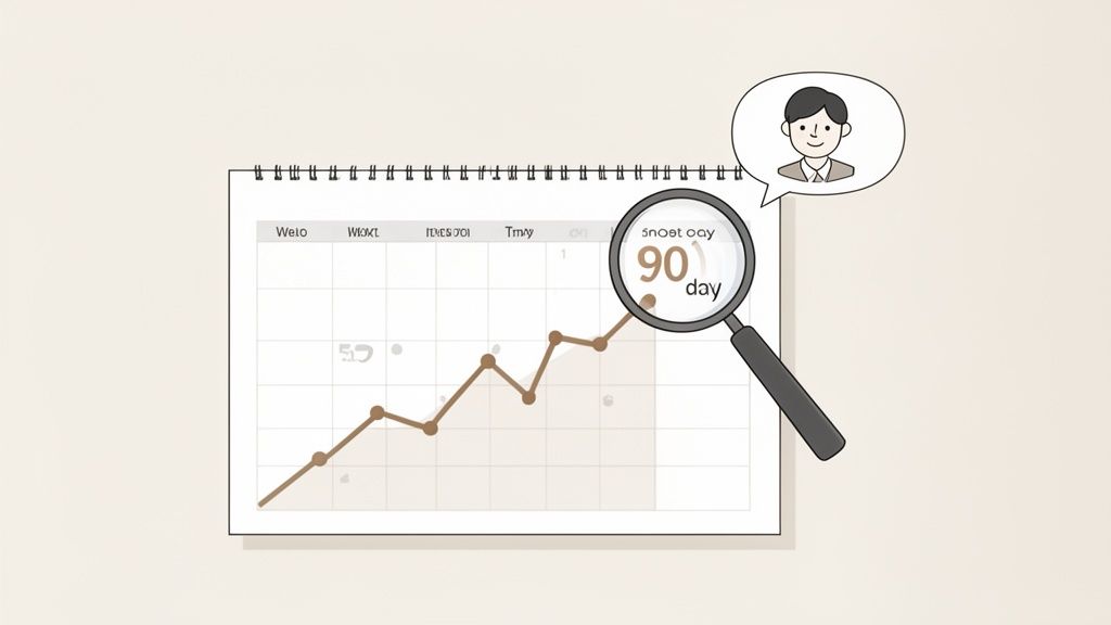 A calendar with an upward line graph, a magnifying glass emphasizing '90 day', and a happy man in a thought bubble.