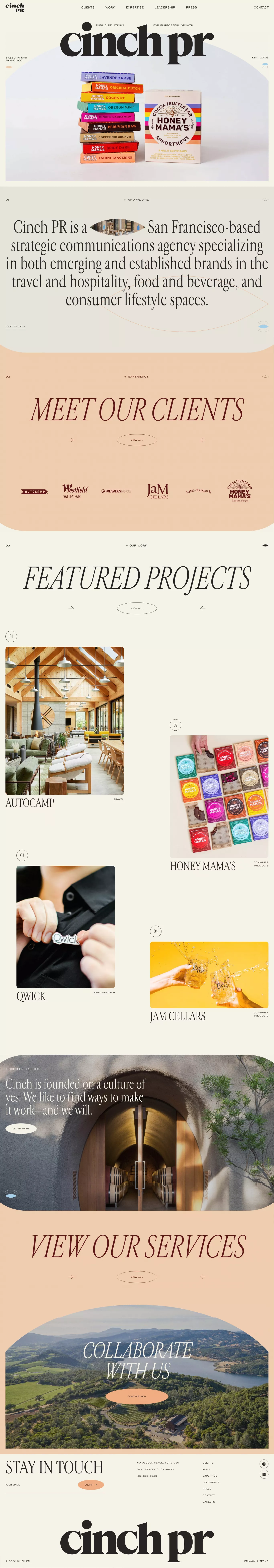 Cinch PR portfolio page screenshot showcasing Design and Travel design