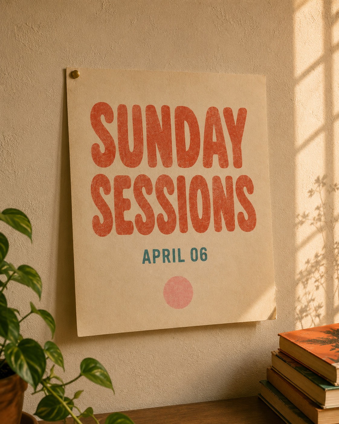 Vintage-style “SUNDAY SESSIONS” poster with “APRIL 06” hangs on a textured beige wall in warm sunlight, creating a cozy retro interior scene.