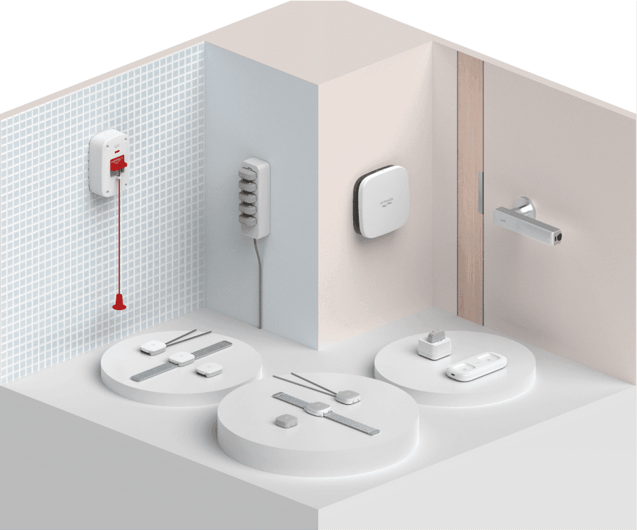 Rythmos ecosystem including wearable devices, access reader, charging ports, data transfer device and emergency pull.