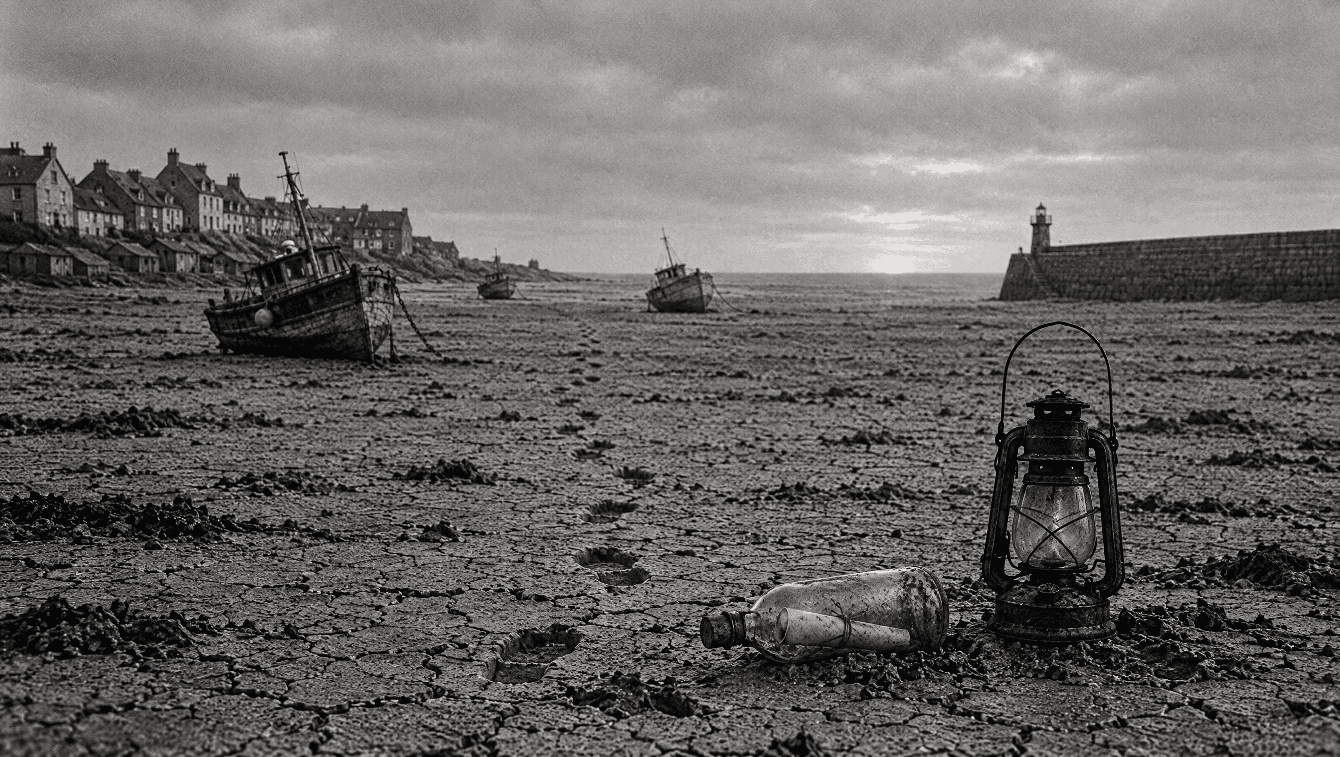 At dawn, a corked bottle with a letter inside lies beside a burnt-out lantern on the dry, cracked seabed near the harbour town