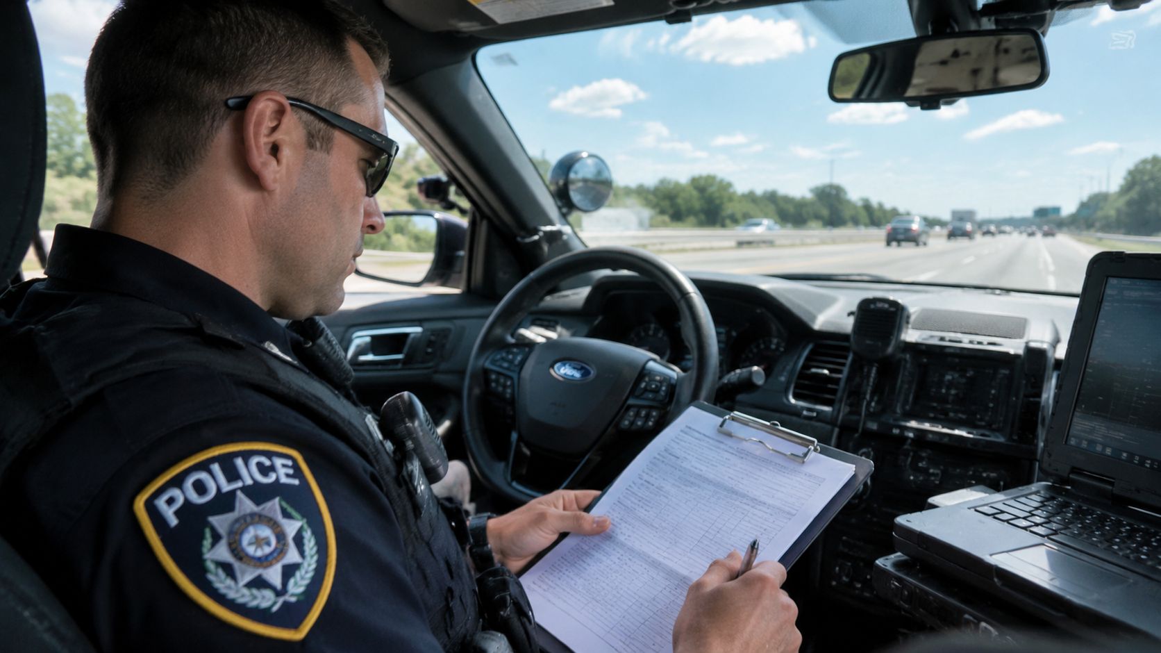 A police officer in their car reviews a performance report, illustrating the unwritten rules and informal pressures of policing.