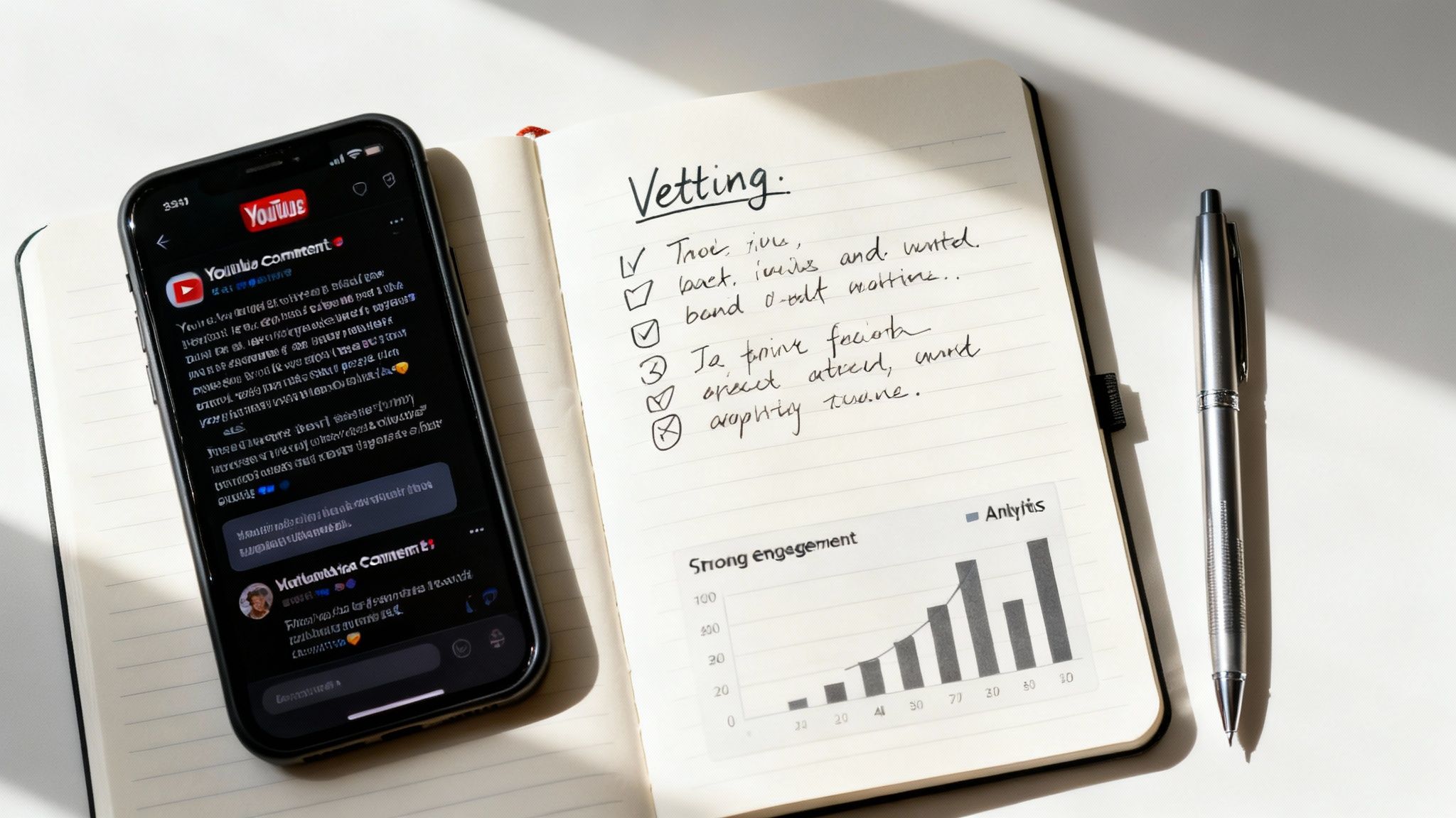 Notebook with influencer vetting checklist and engagement analytics chart beside smartphone displaying YouTube comments