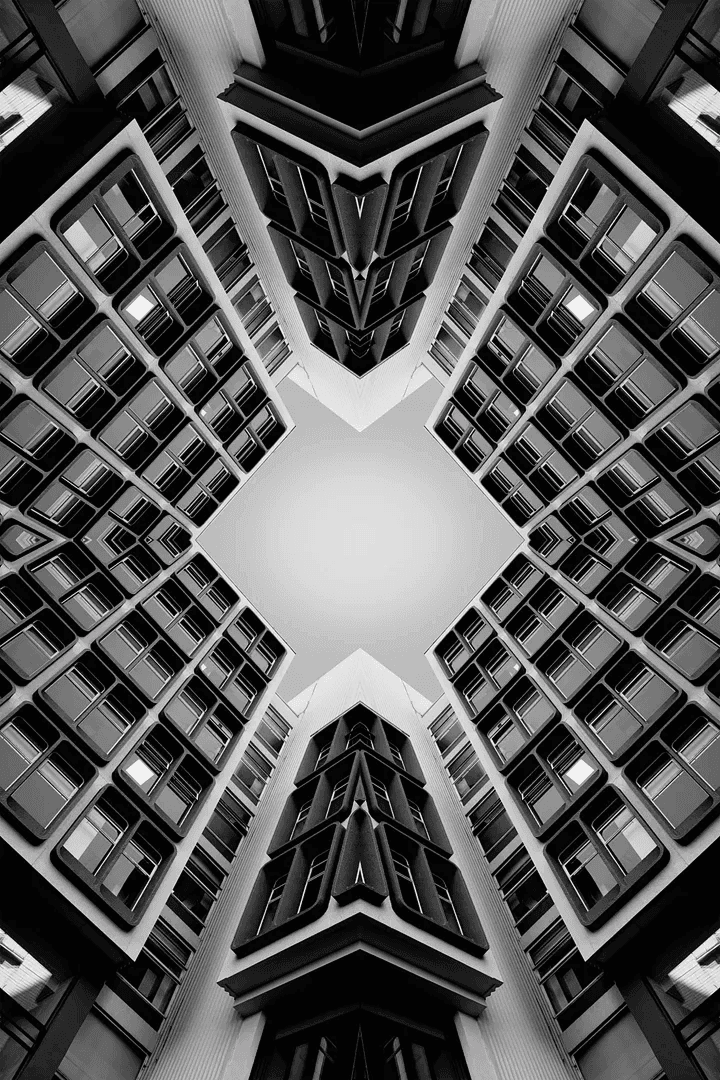 Symmetrical abstract view of buildings looking upwards