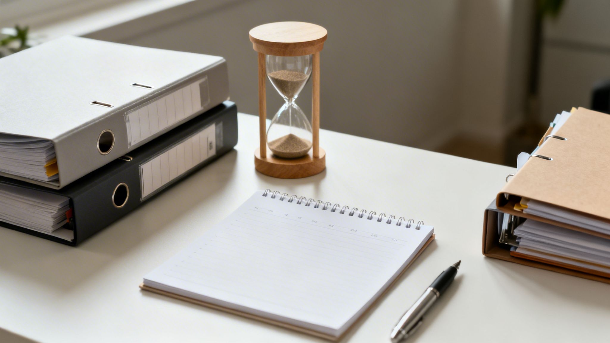 En ljus skrivbordsmiljö med arkivpärmar, ett timglas, en anteckningsbok och en penna.
