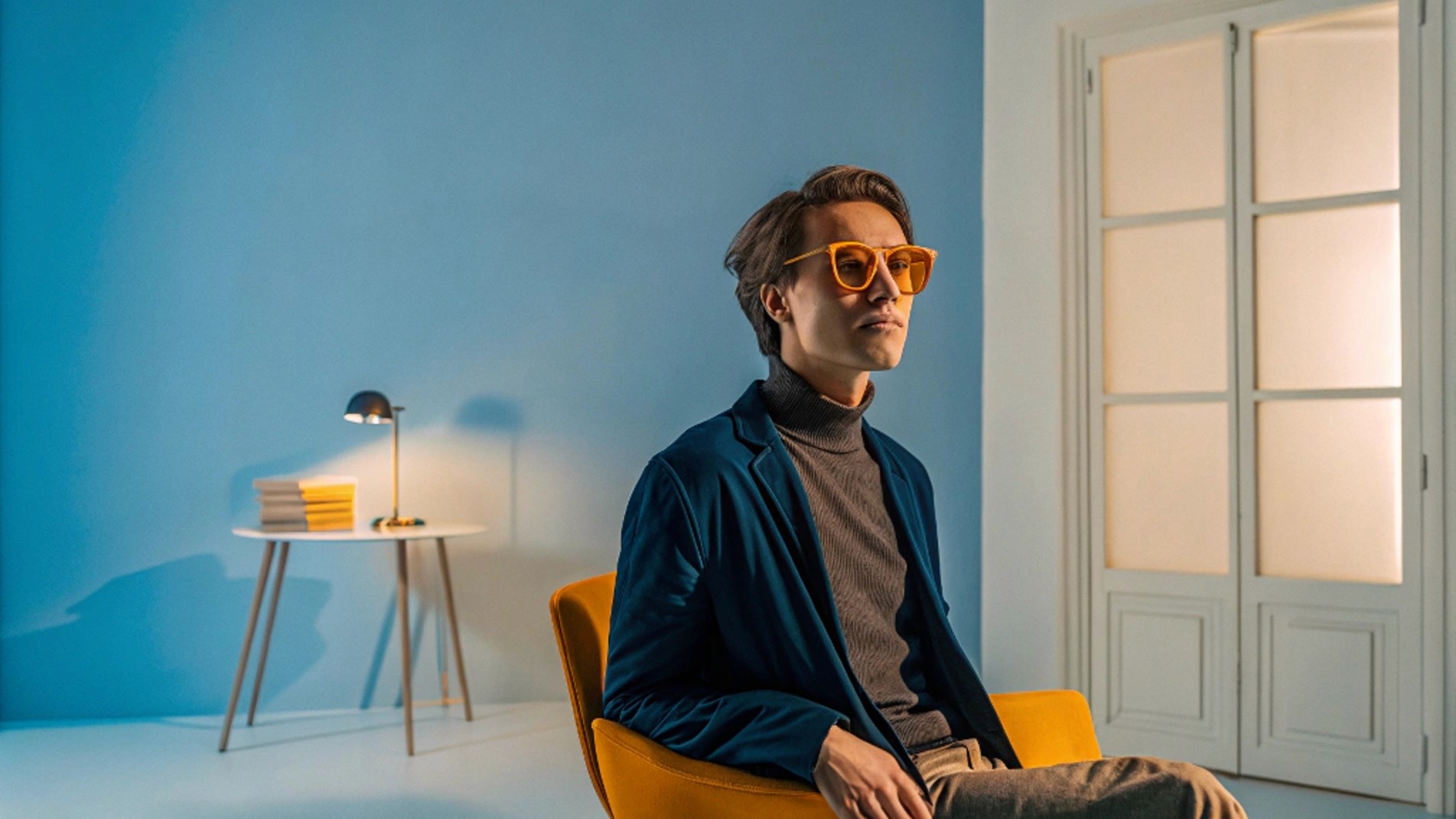 A sophisticated person wearing a blue blazer and orange sunglasses, sitting on a yellow chair in a minimalist room with blue walls and warm lighting