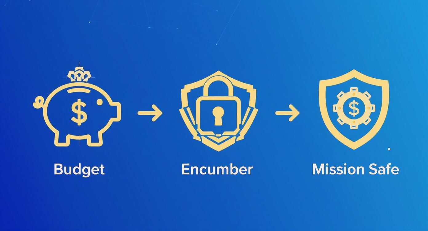 Flowchart showing financial process from budget with piggy bank, to encumber with padlock, to mission safe with shielded gear.