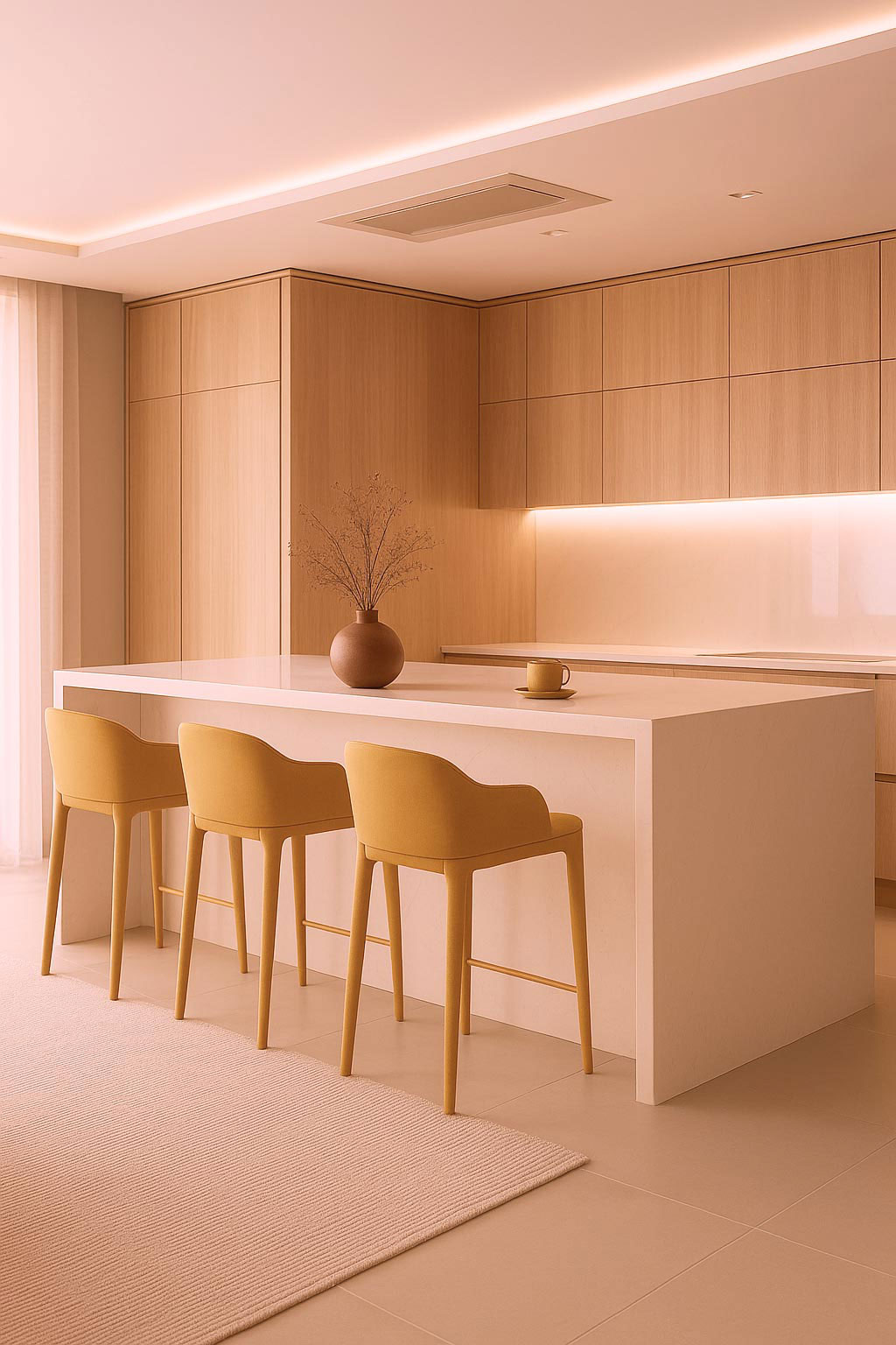 Minimalist light-wood kitchen with a white island, three mustard bar stools, and soft warm lighting.