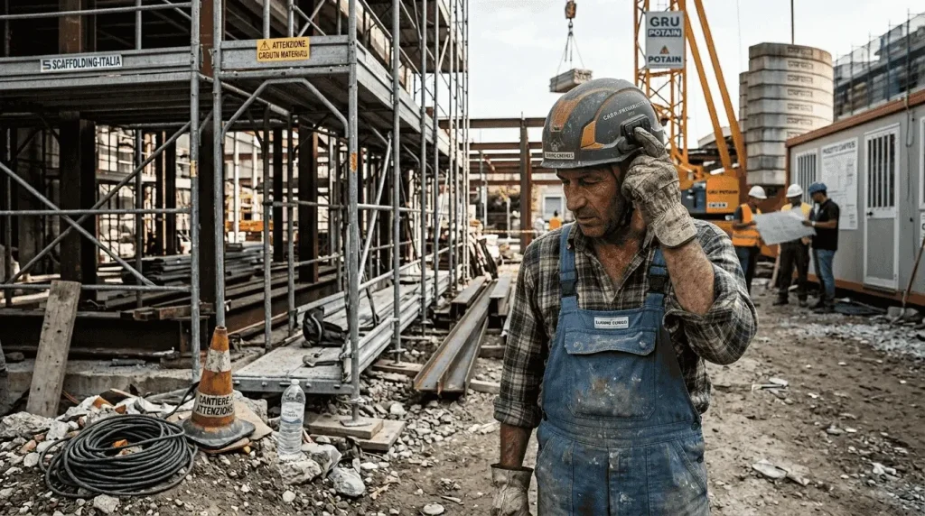Operaio che sistema il casco intelligente mentre lavora in cantiere