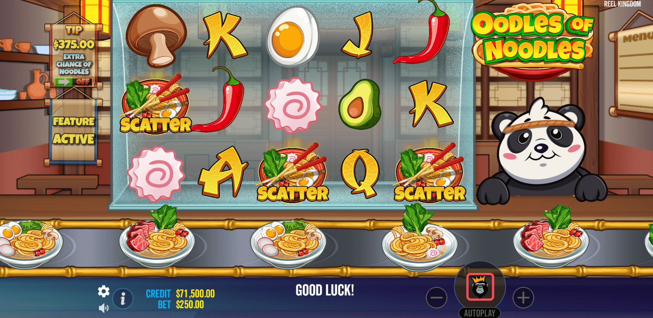 Oodles of Noodles slot, Reel Kingdom slots, panda slot, Asian restaurant theme slot, free spins slot, high volatility slot, slot machine review, slot RTP, big win slots, online casino slots, slot bonus features, free spins buy, slot max win, gambling, casino games, slot gameplay, slot symbols, slot paylines, slots with ante bet