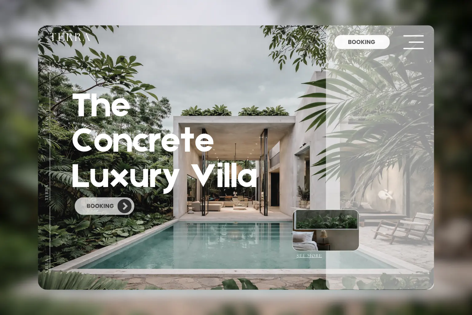 Luxury hospitality web design hero for Villa Terra featuring concrete minimalist villa architecture