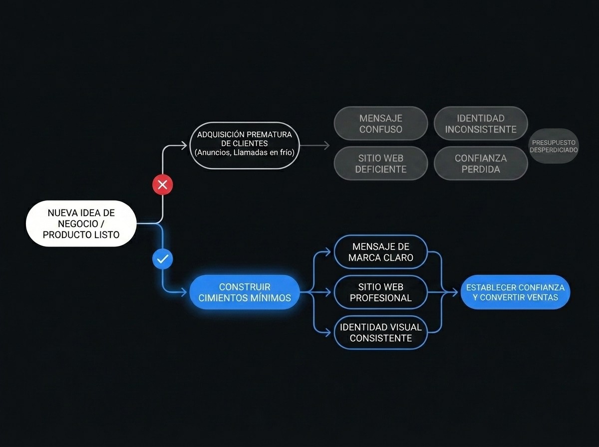 Diagrama de flujo de las tres fases necesarias para lanzar una empresa nueva: Estrategia, Sistema Visual y Web de Conversión.