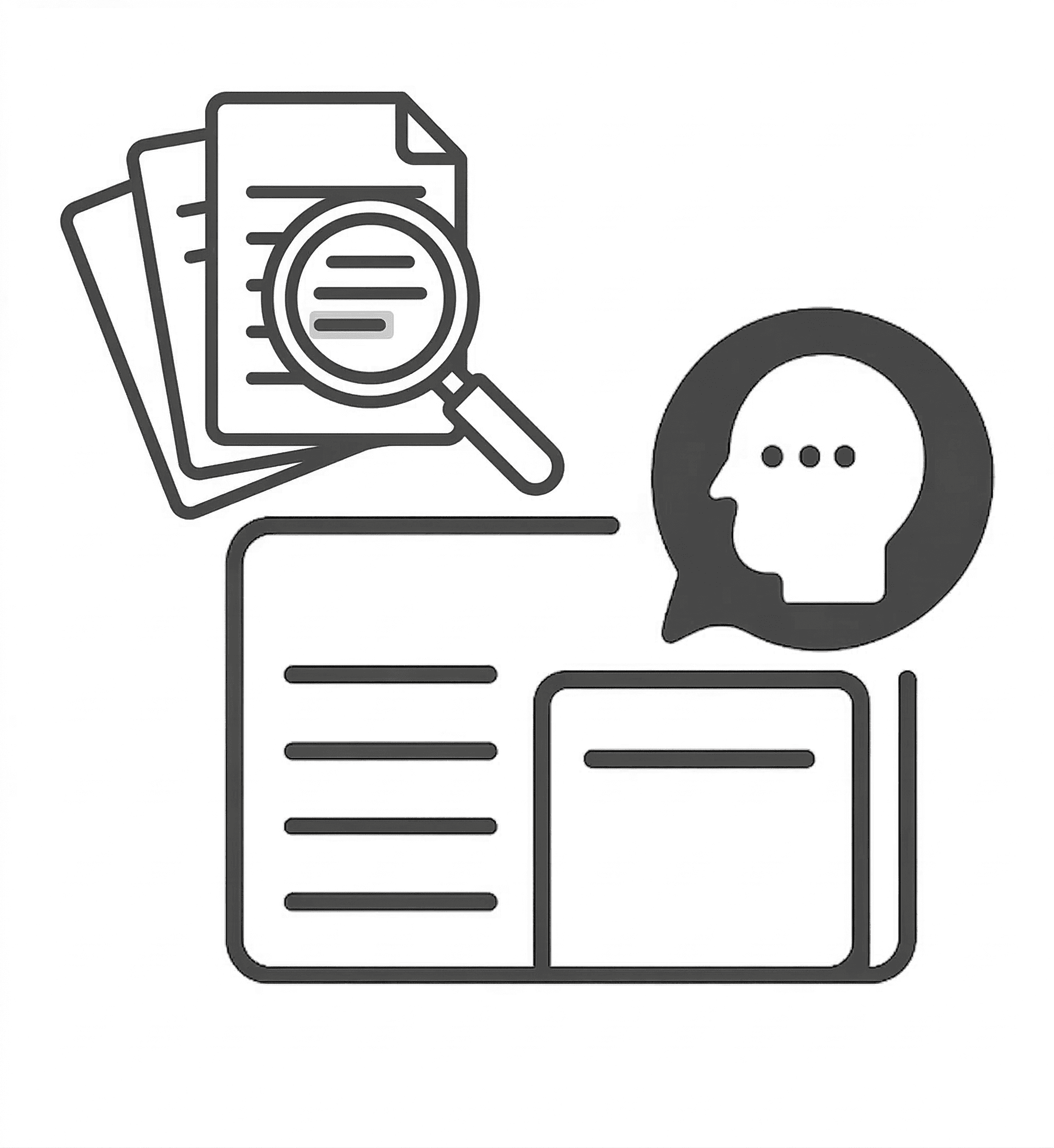 Modern vector line-art icon representing a searchable knowledge base and user profile integration. A magnifying glass analyzes a stack of document pages above a stylized data record, with a conversational user-intent speech bubble in the top right, illustrating the link between information retrieval and user needs