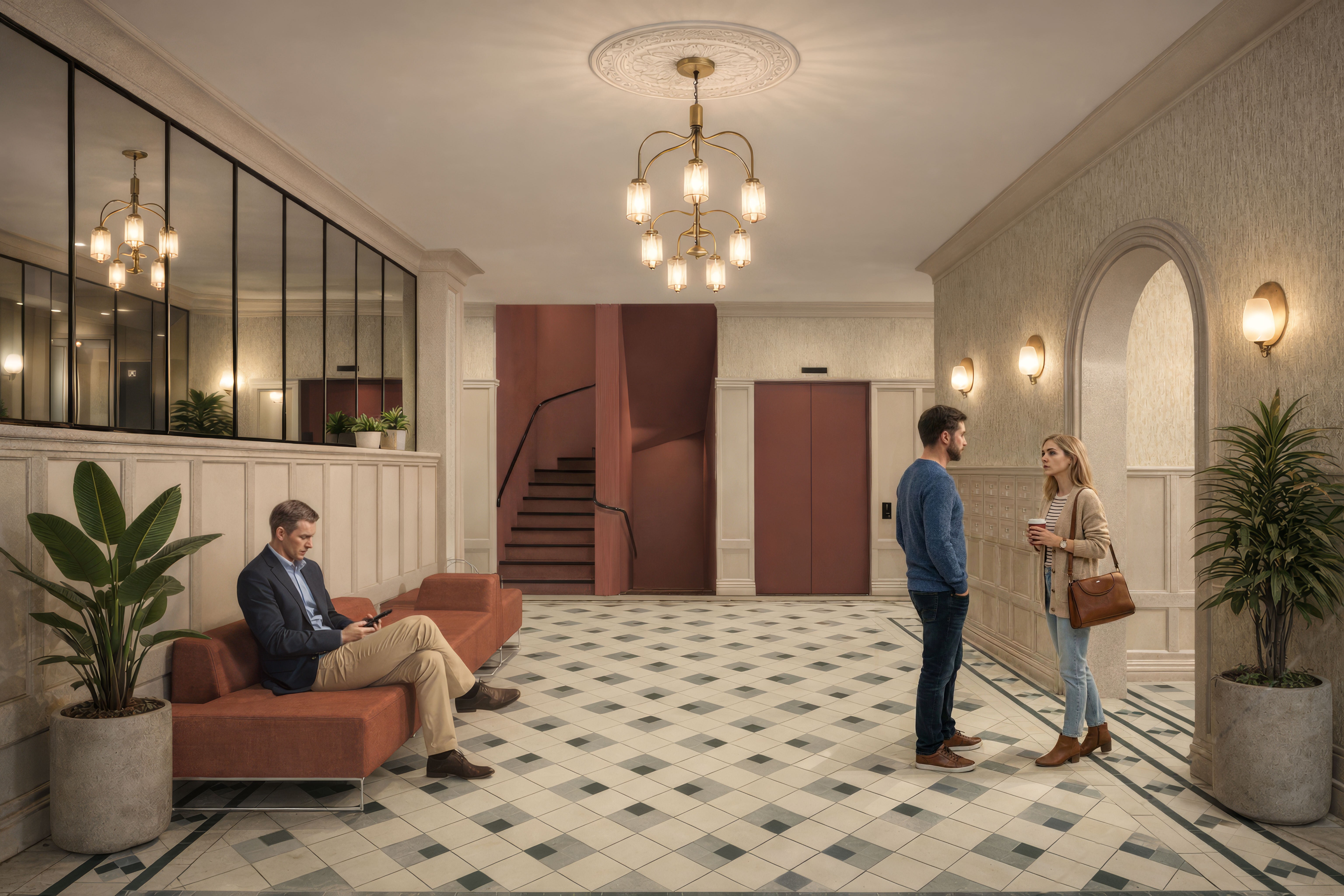 Interiør i felles inngangsparti med resepsjon, buede vinduer og klassiske detaljer