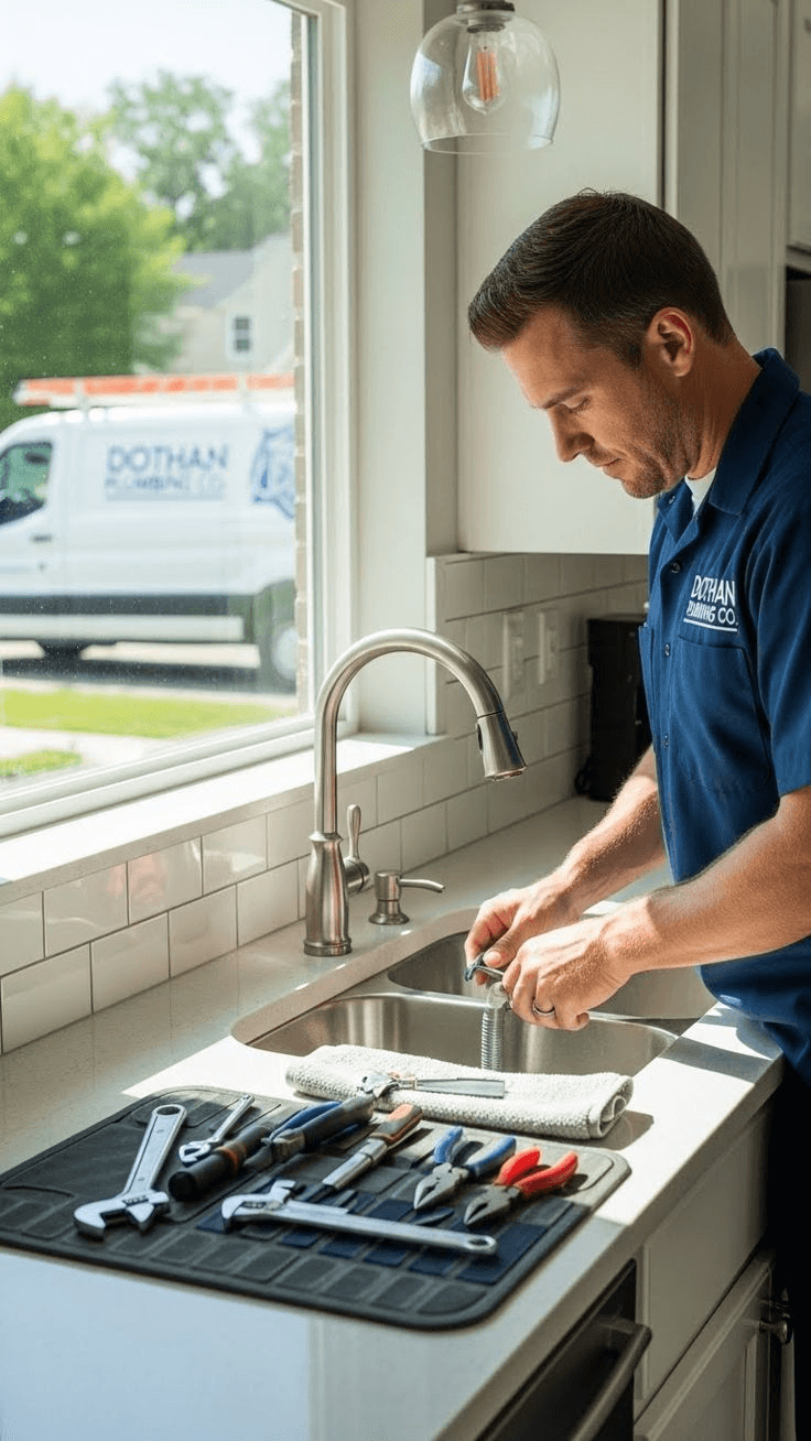 A compilation of professional plumbing services featuring licensed plumbers inspecting household pipes, fixing a kitchen sink leak, tightening copper copper pipe joints with wrenches, and providing transparent local services.