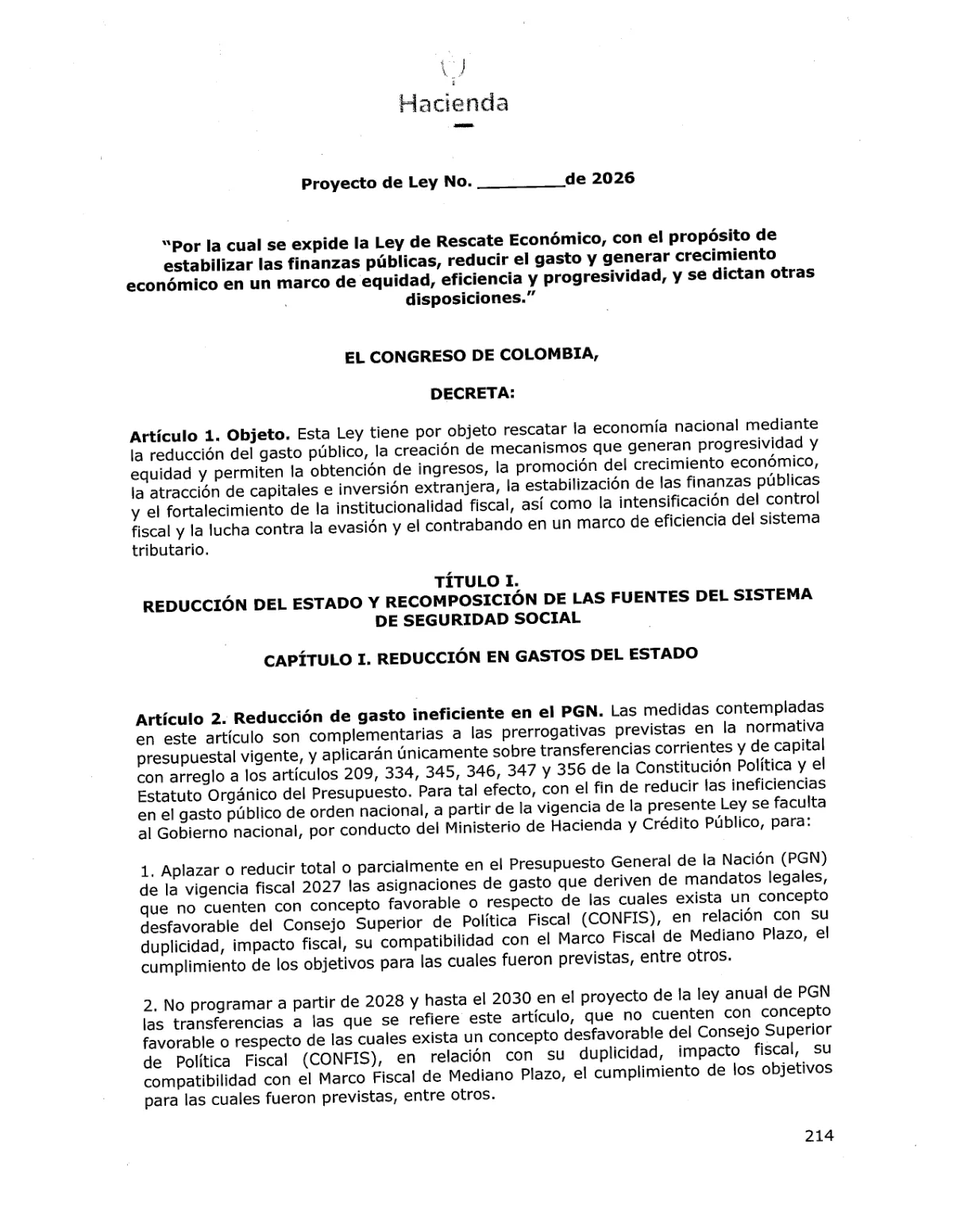 Primera página del Proyecto de Ley 477 de 2026 Cámara: título, artículo 1 (objeto) e inicio del Título I