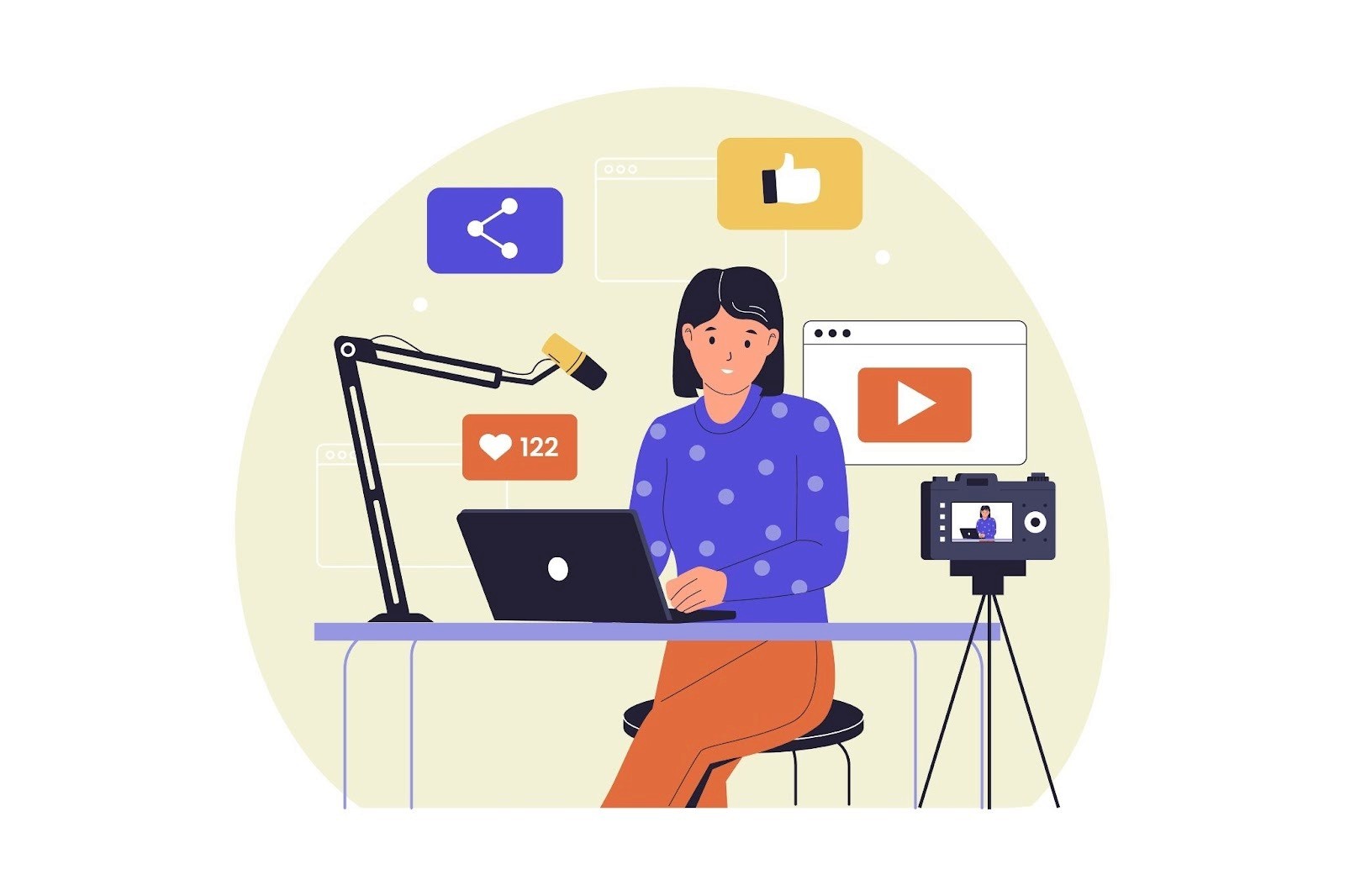 Illustration of a content creator recording video and managing social media from a home studio setup.