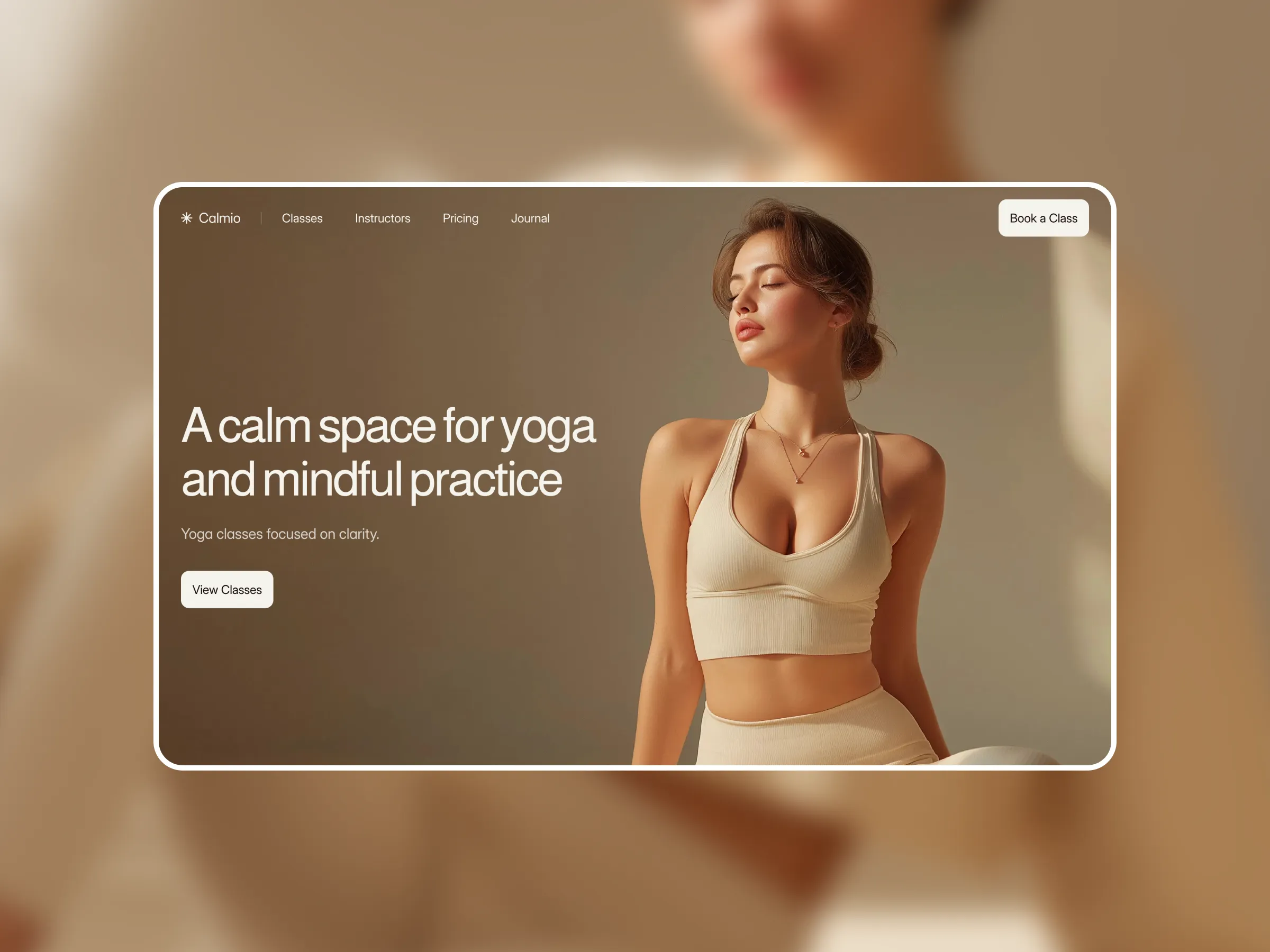 Yoga and wellness website template built on Framer, featuring a clean hero section with calm beige tones, clear navigation menu, and visible booking button for classes.