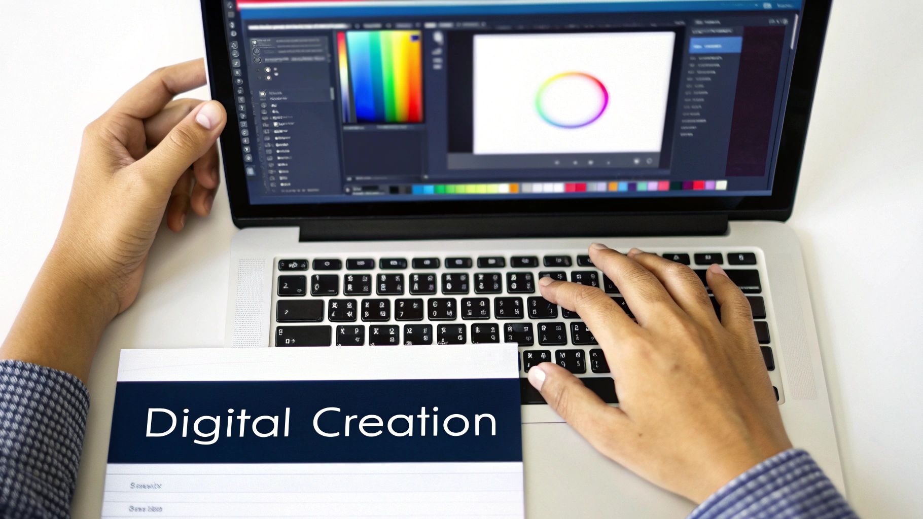 Close-up of a person working on a laptop using a digital design tool, adjusting color settings on-screen, with the text "Digital Creation" displayed in the foreground