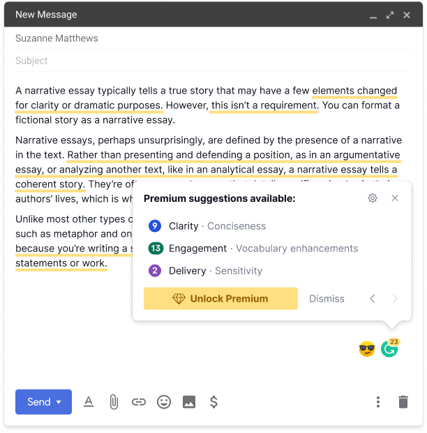 Email with Premium suggestions box expanded, encouraging users to 'unlock premium'