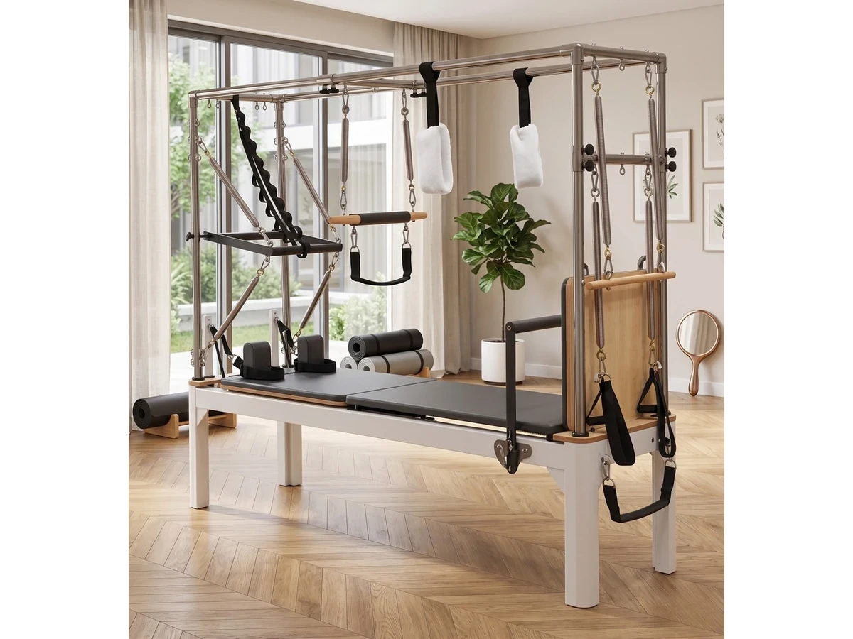 Pilates Reformer Tour Complète Elite Pro — Aluminium, reformer avec tour complète en aluminium dans un studio de Pilates professionnel
