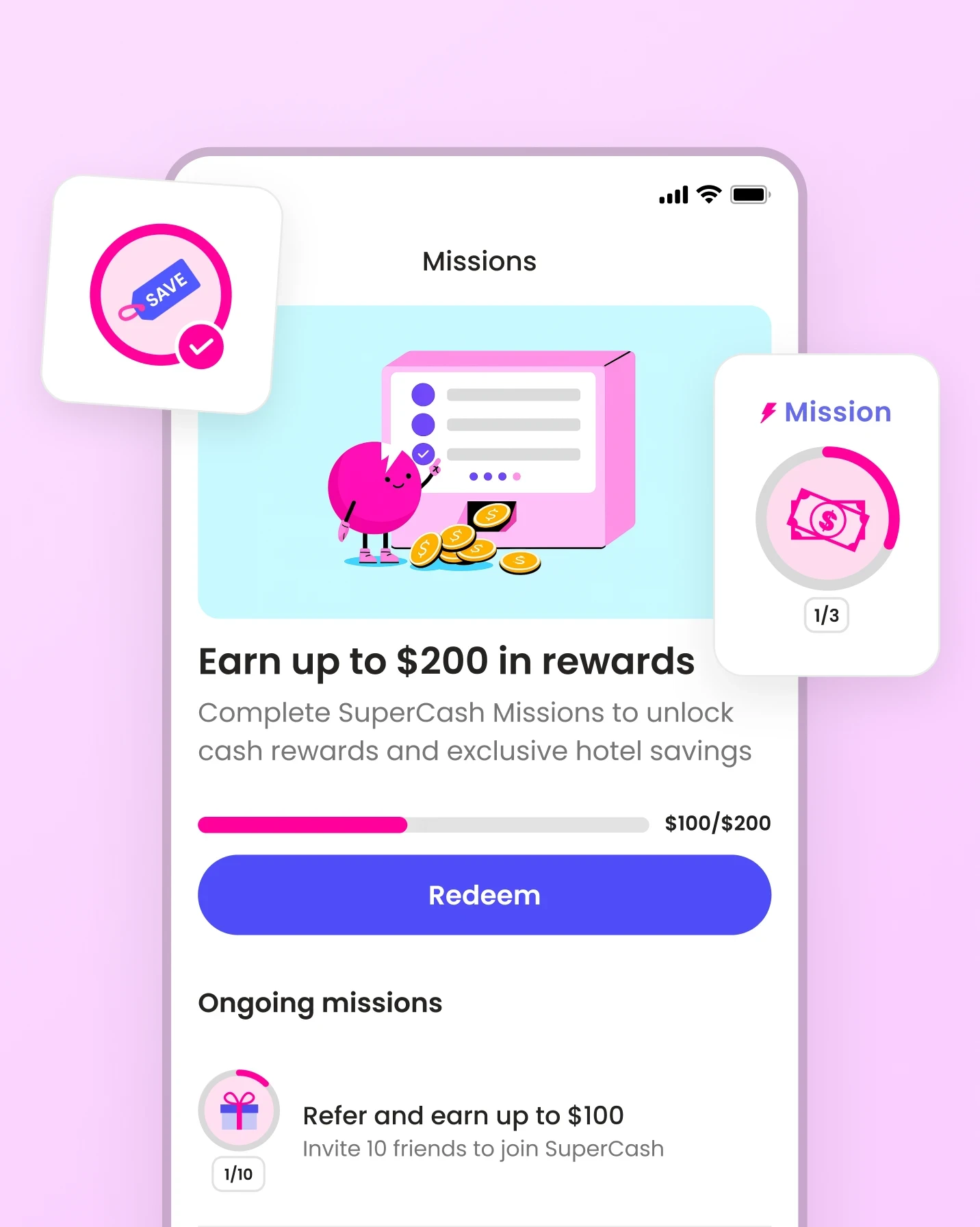 Product design mockup of Super.com’s new Missions system showing task-based rewards, progress tracking, and referral milestones, highlighting Yanick’s redesign that made rewards clear and motivating