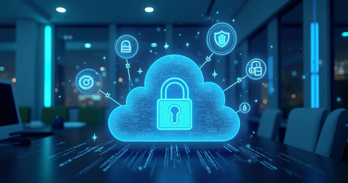 Ícones de segurança digital e dados protegidos.