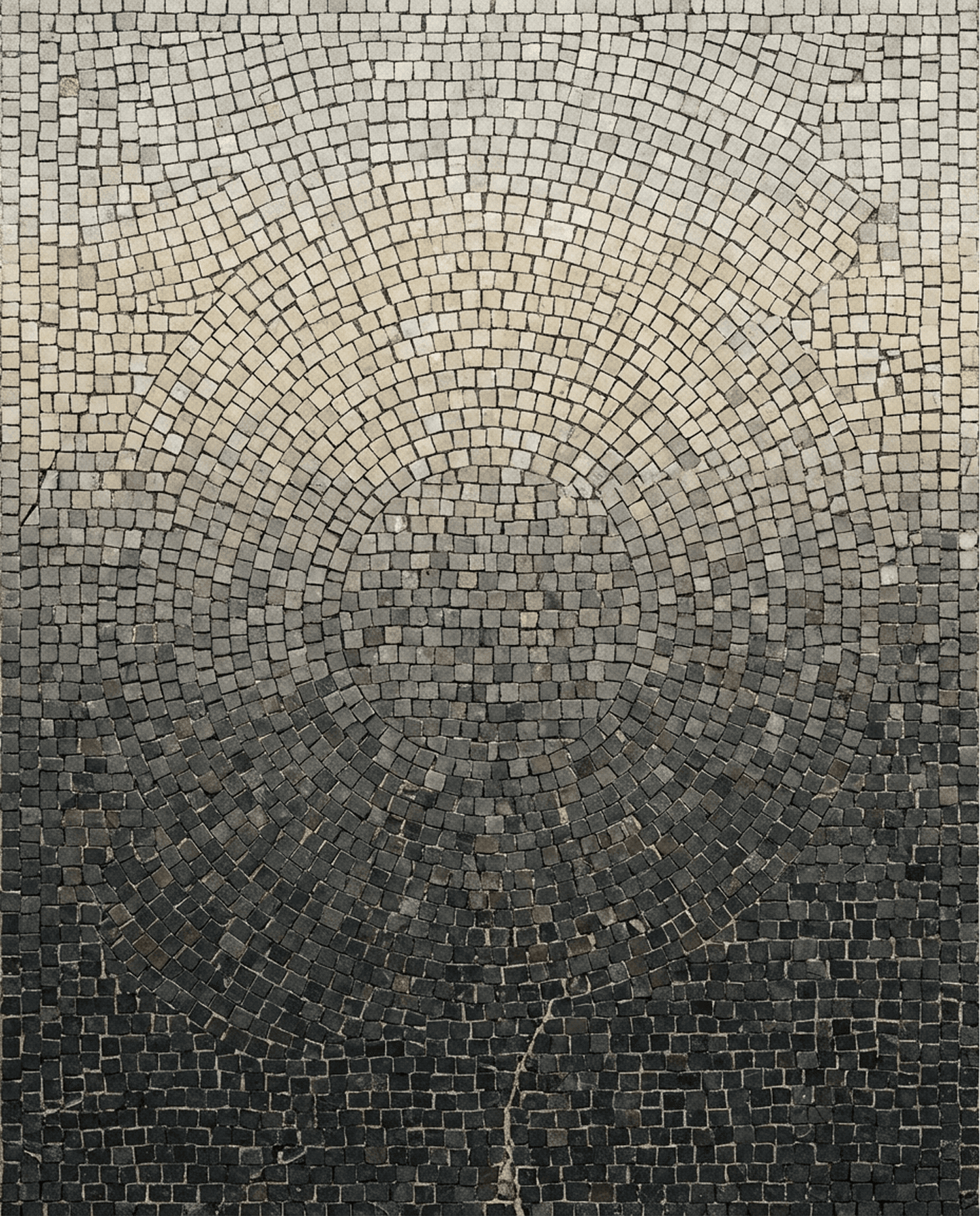 Mosaic-style artwork of submerged Hellenistic ruins on the ocean floor, with weathered columns flanking an underwater scene of colorful coral, seaweed, and small fish, illuminated by sunlight filtering down from the rippling surface above.