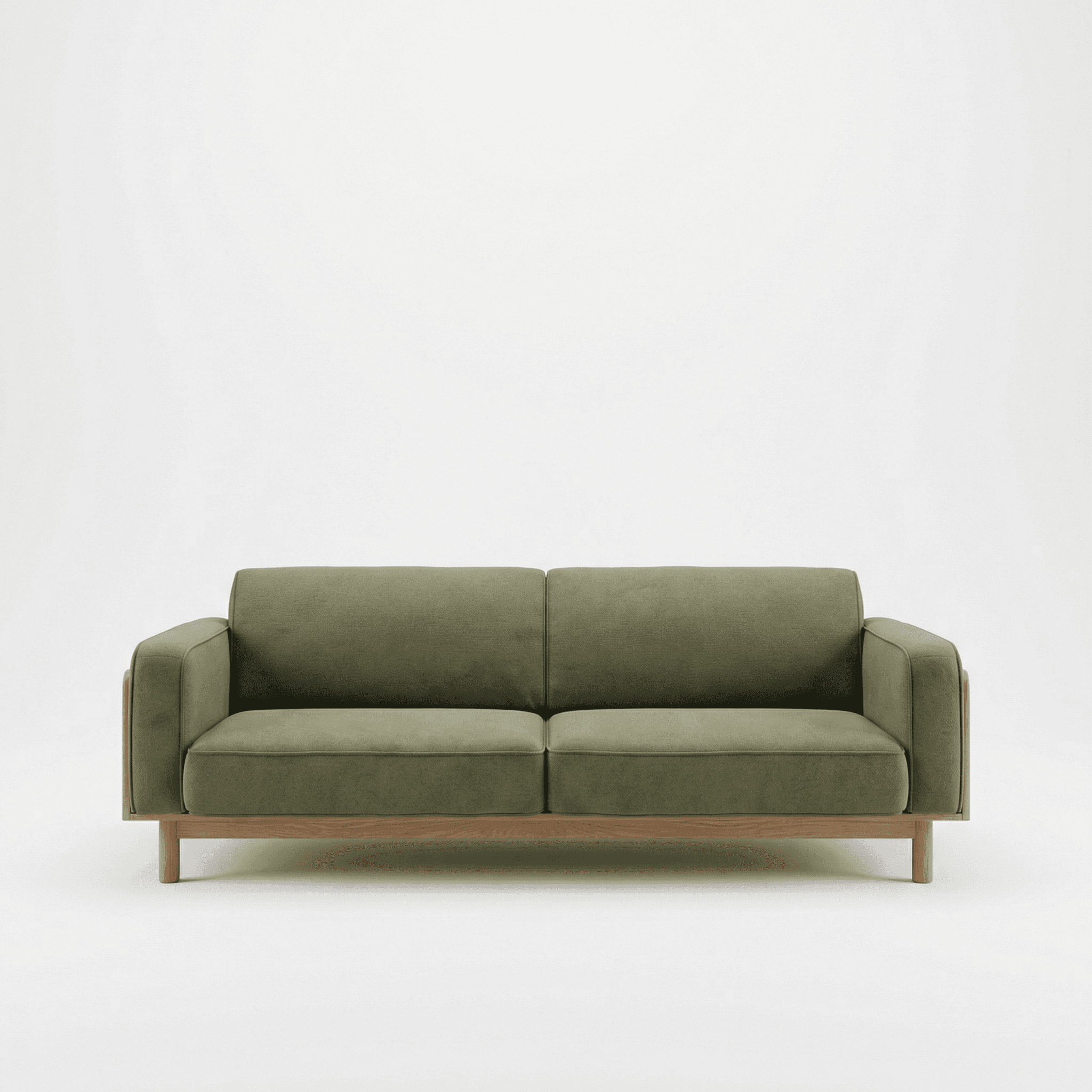 Three‑seater olive green upholstered sofa with straight cushions and wooden base