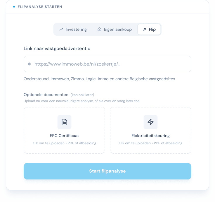 Interface van Bricksy waarin je een vastgoedadvertentie invoert en een eerste aankoopanalyse start.