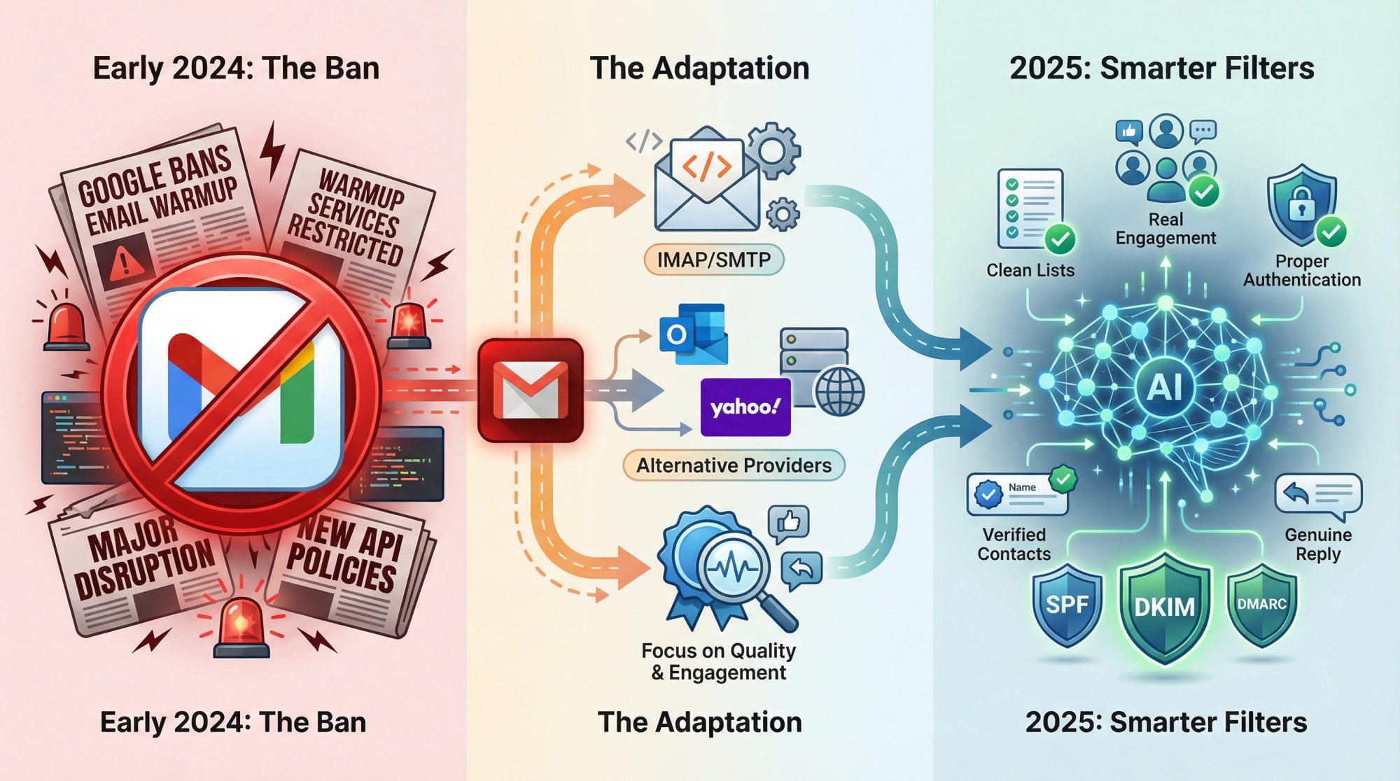 Visual timeline showing the evolution of email warmup services from Google's 2024 API ban through adaptation strategies to 2025 spam filter improvements