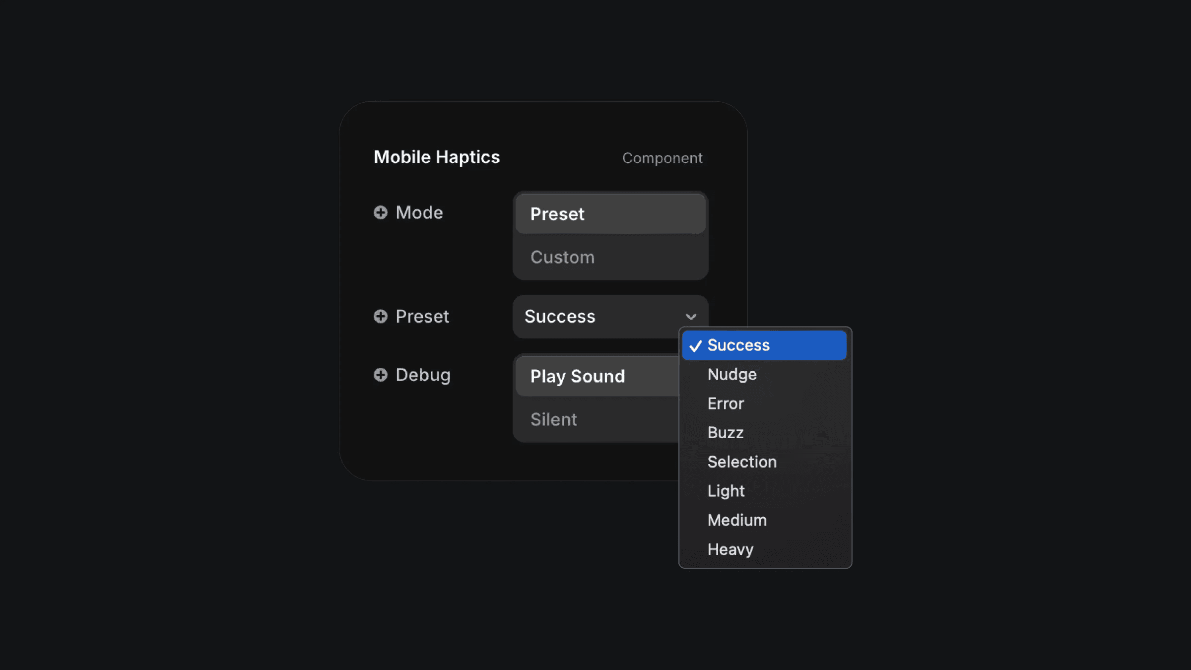 Mobile Haptics component settings with preset options dropdown
