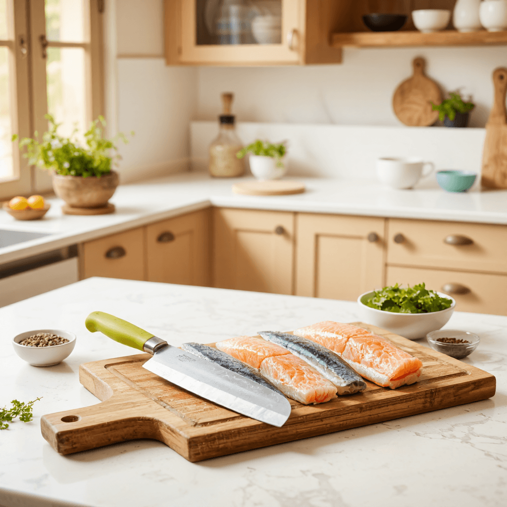 product photography of curved metal blade with a green handle