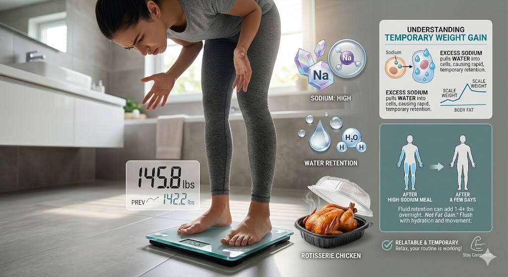 An infographic comparing how a high-sodium meal, like a rotisserie chicken, causes temporary water weight retention versus actual fat gain. The image shows an analysis of high sodium pulling water into cells, a scale fluctuating from 145.8 lbs back to 142.2 lbs over a few days, and a relatable person's frustrated reaction to a spiked scale number after eating. The final section highlights that this increase is fluid, temporary, and not fat.