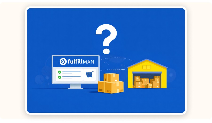 Illustration of fulfillment process with boxes, warehouse, monitor, and question mark