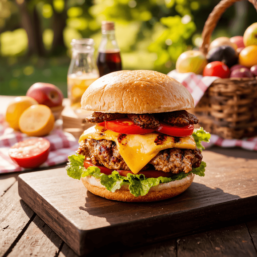 product photography of a burger with grilled chicken, beef patty, cheese, lettuce, tomatoes, and sauces