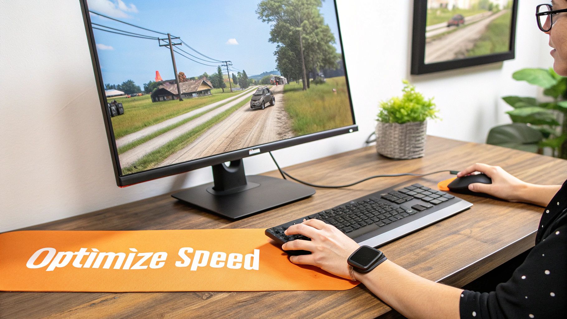 A person plays a driving video game on a monitor, using a keyboard and mouse on an 