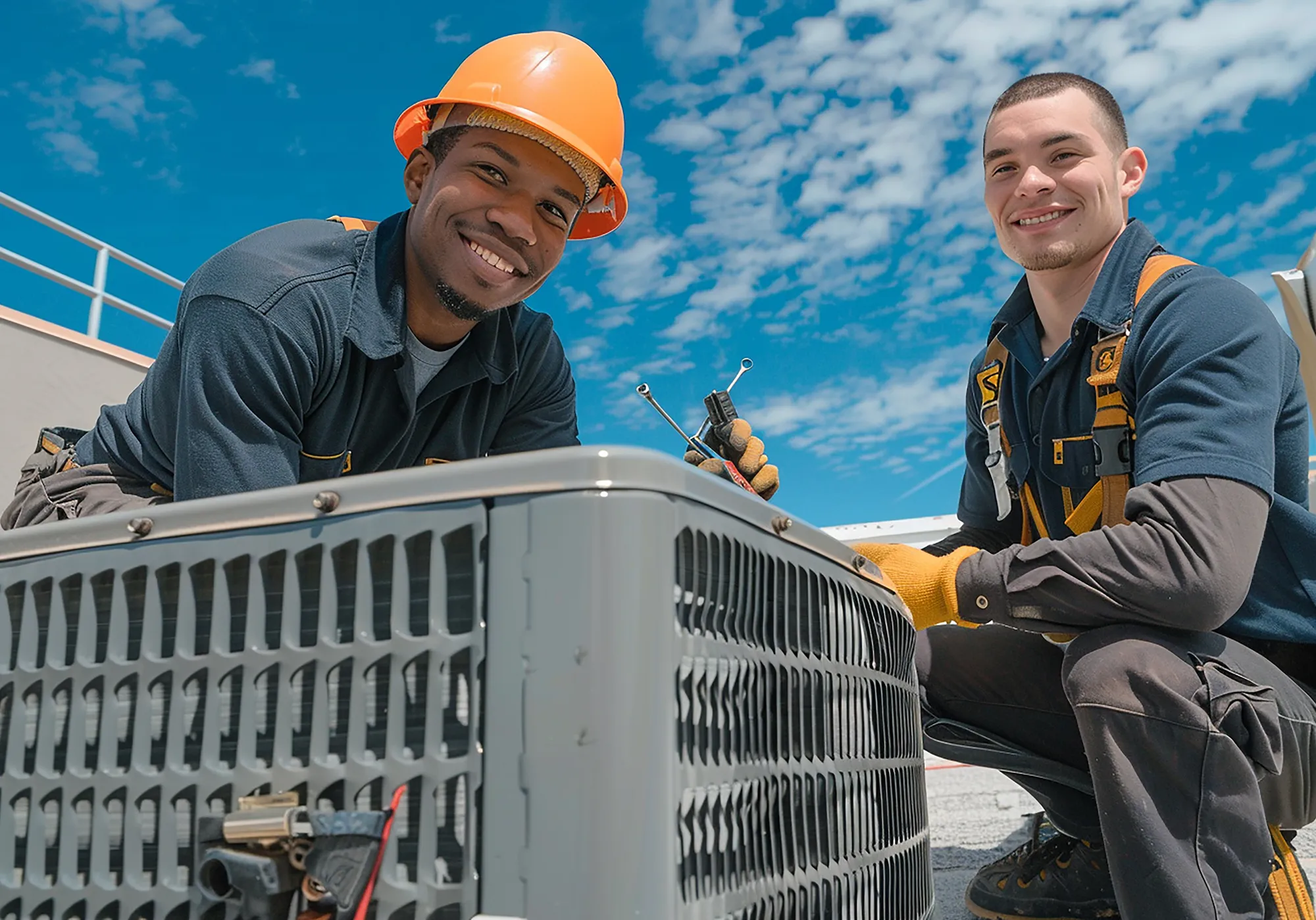 Smiling HVAC contractor in a high-visibility safety vest repairing an outdoor residential air conditioning condenser unit.