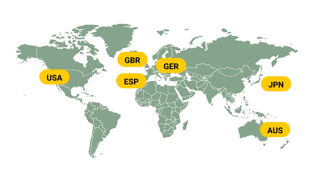 Weltkarte mit markierten Ländern: USA, Großbritannien, Spanien, Deutschland, Japan und Australien