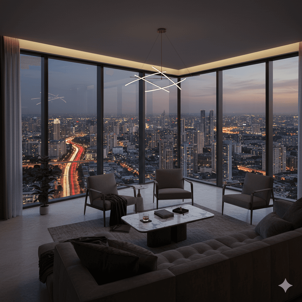 M3M The Cullinan Noida: Luxury living room with panoramic city views