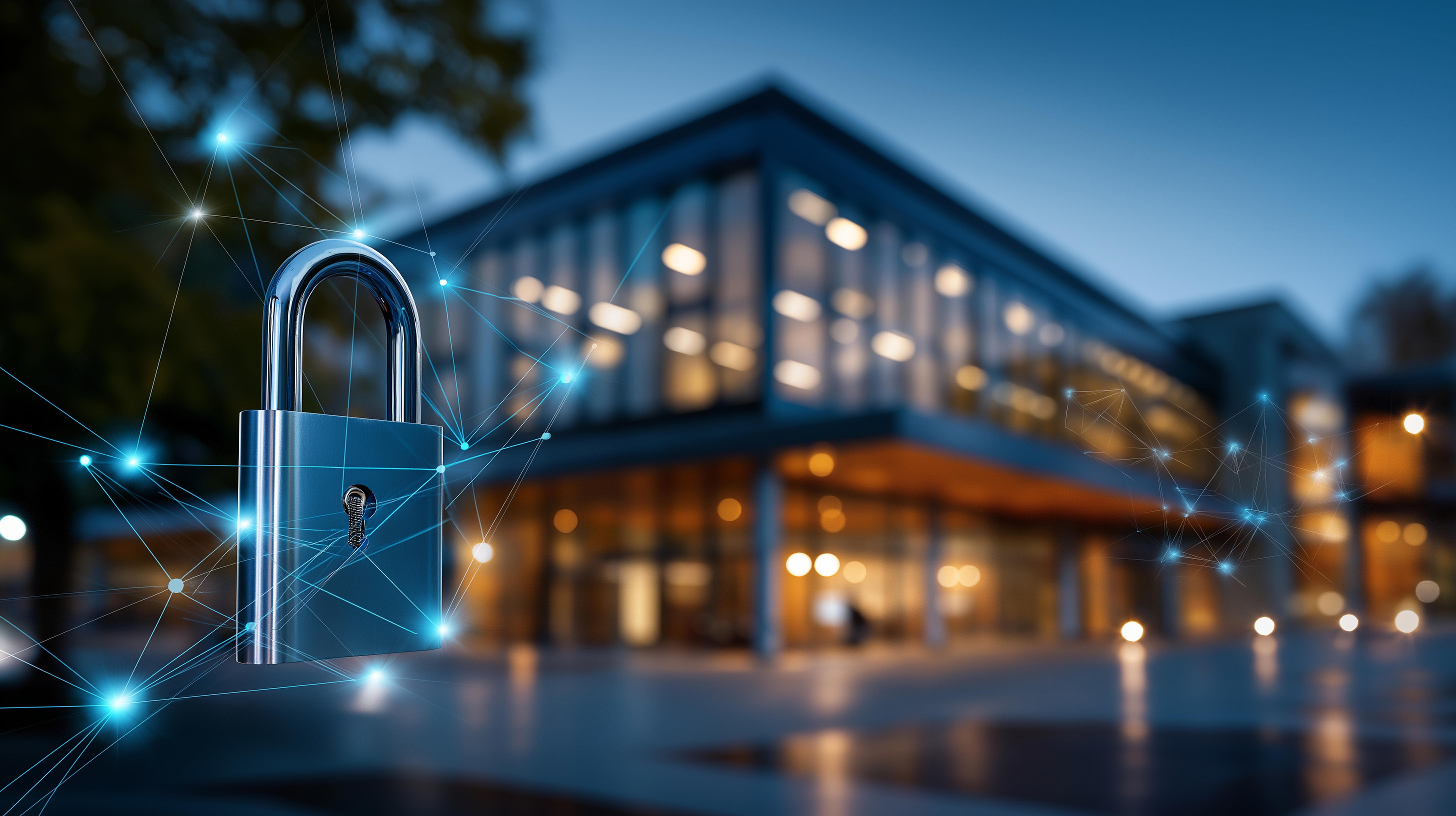 Secure campus network protection in modern building, educational facility cybersecurity, institutional data safety, academic technology infrastructure, defocused architectural background