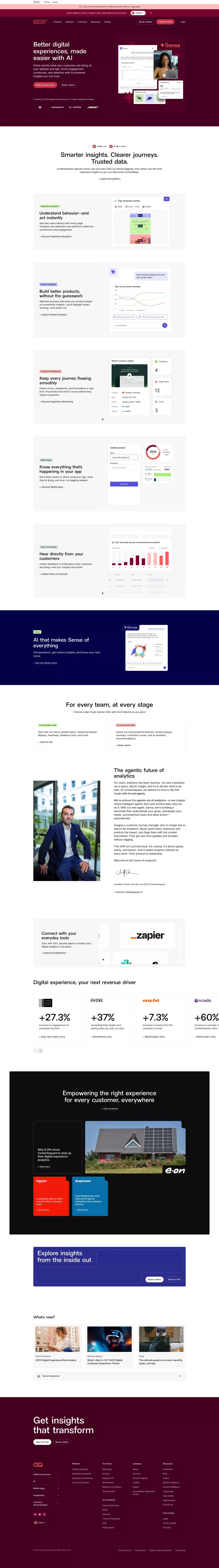 Contentsquare: all-in-one experience int landing page screenshot showcasing Tech and Marketing design