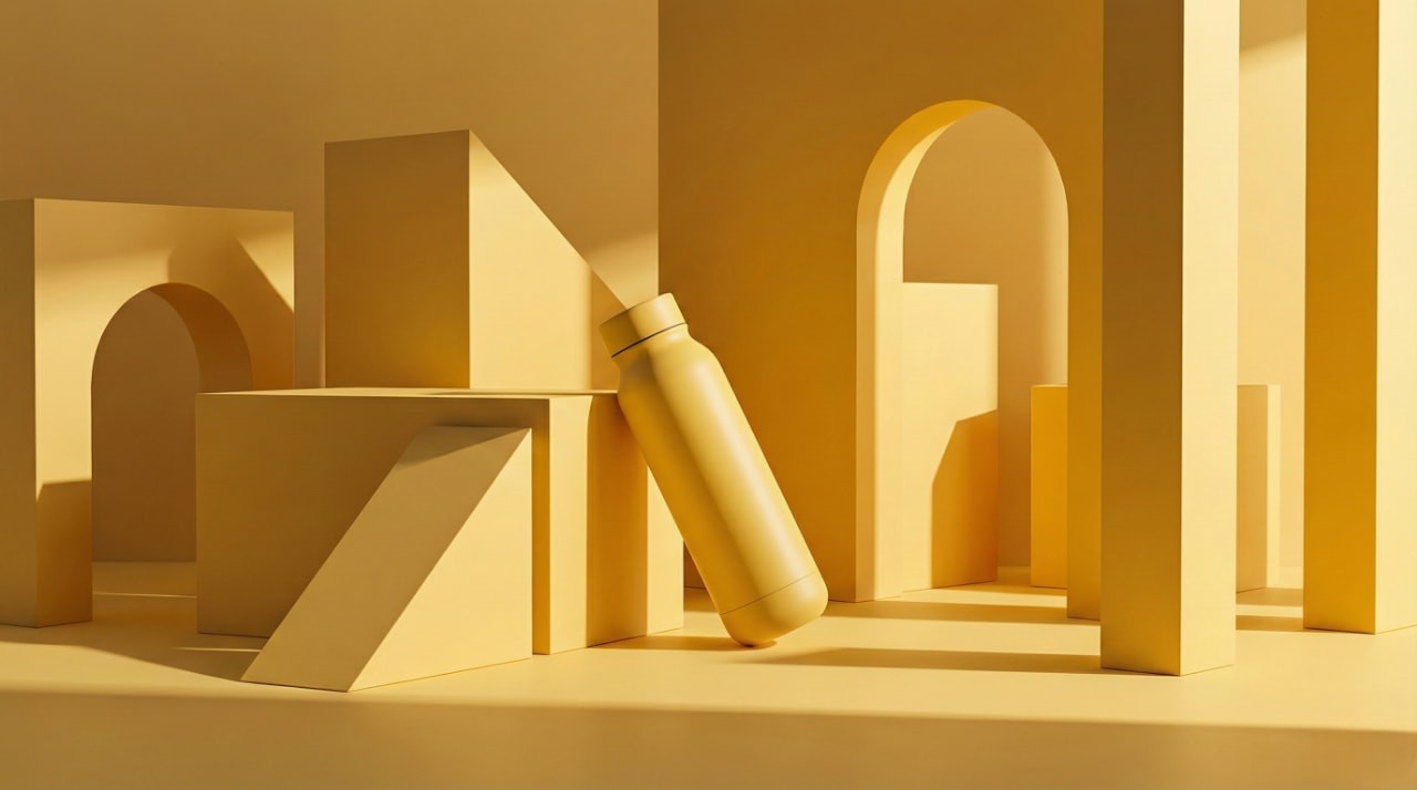 A yellow bottle leans against geometric blocks and arches in a monochromatic room. The scene is minimalist, with soft lighting and shadows creating depth.
