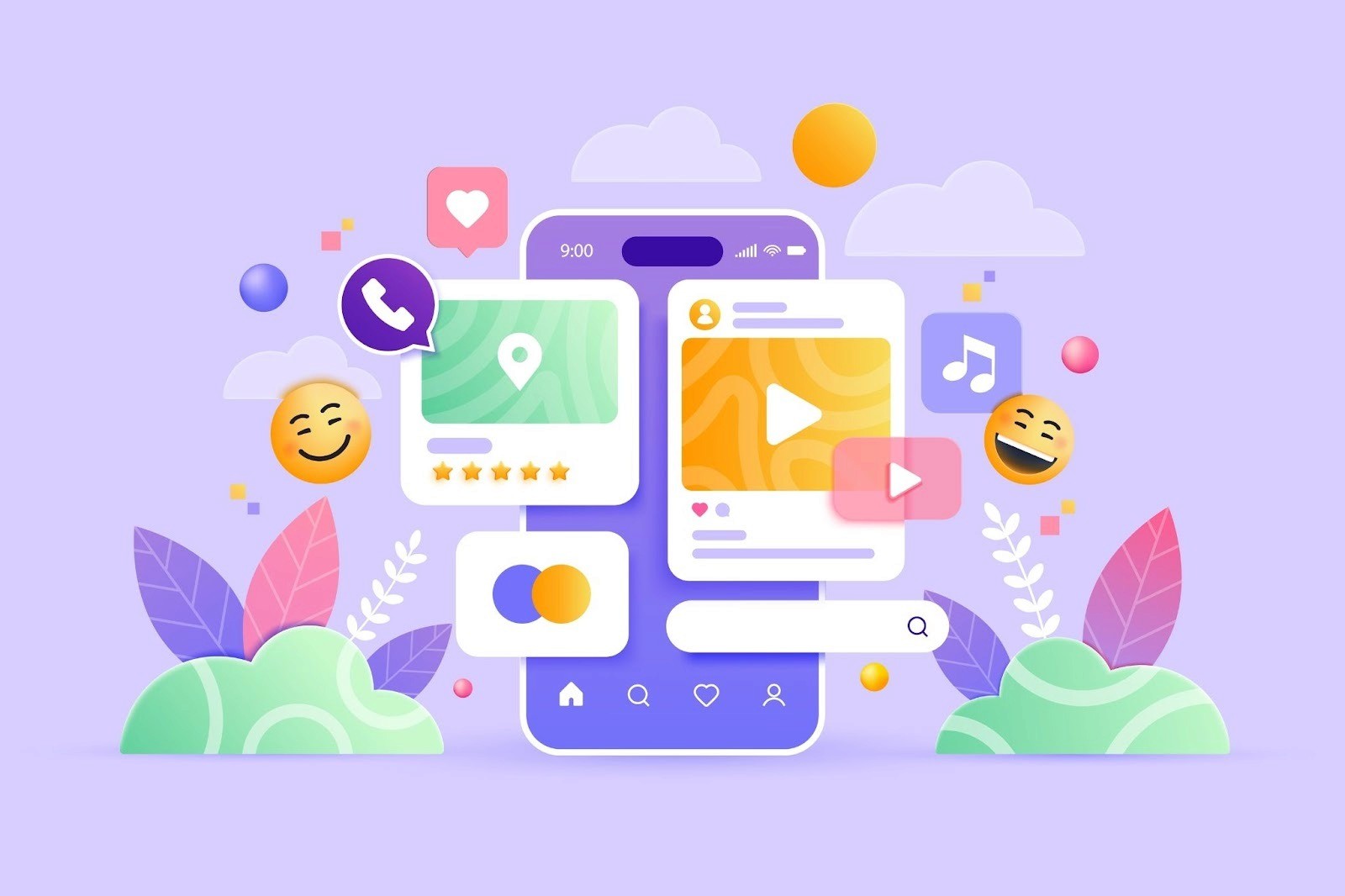Social media app interface on mobile with video content, likes, and engagement icons