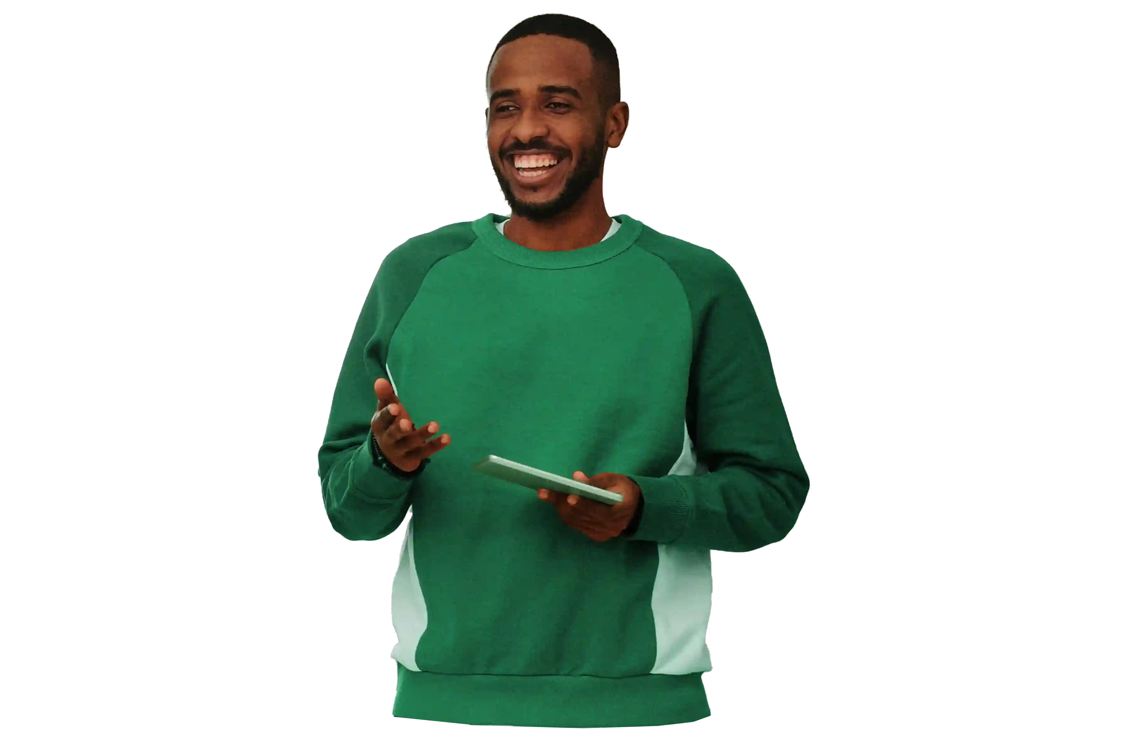 A person in a green sweater holds a digital tablet, smiling and gesturing with their other hand, against a plain background.