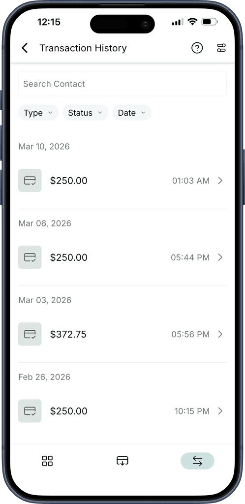 Transaction history in the AETOS app on an iPhone