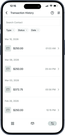 Transaction history in the AETOS app on an iPhone