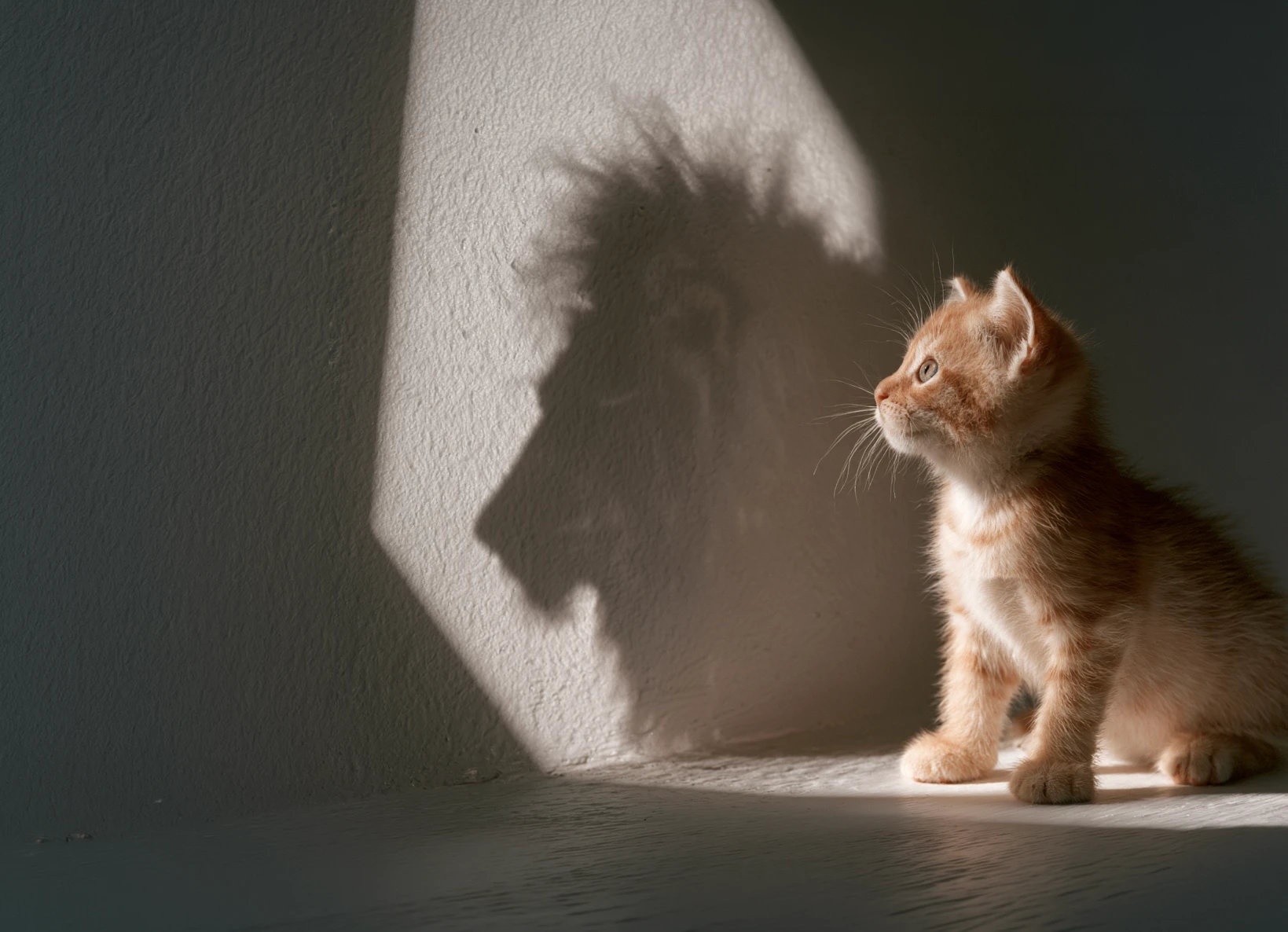 a kitten looking at its shadow and seeing the shadow of a lion