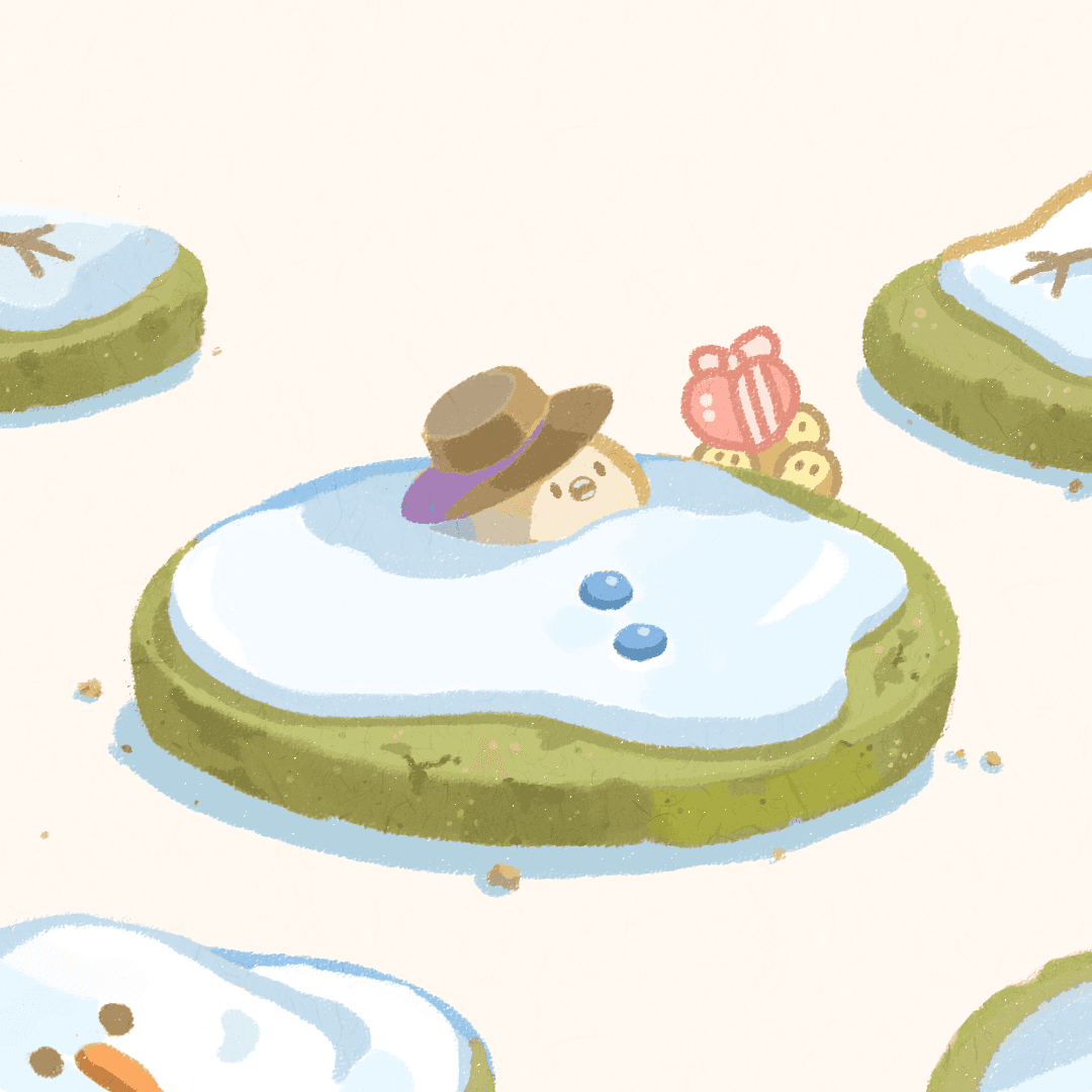 阿醬醒了過來，發現小生物們送的禮物，周圍變成抹茶口味的明亮糖霜餅乾，充滿聖誕氛圍